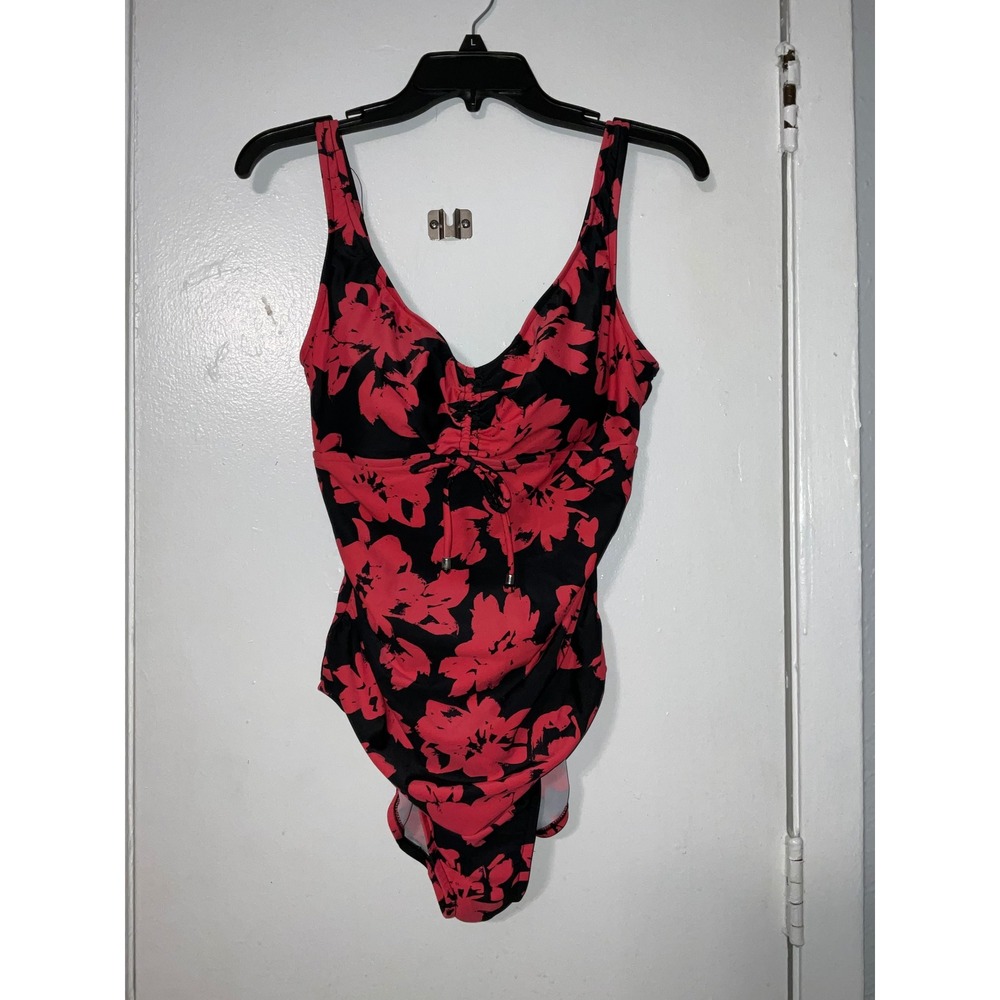 Aqua Green Womens Floral One Piece Swimsuit Black Red Cinch Bust Size Large - Picture 1 of 5